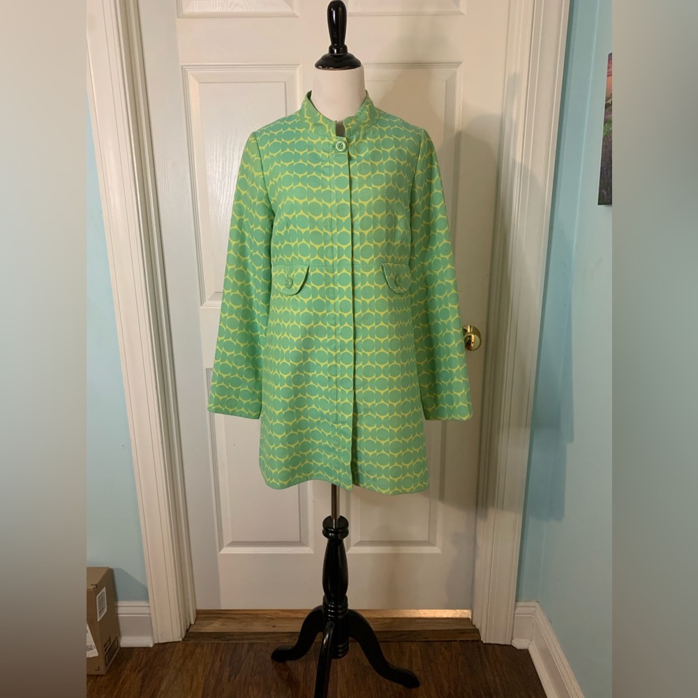 Anthropologie Elevenses geometric dot print green/yellow sz 4 EUC